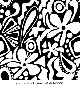 Abstract Hand Drawing Geometric Flowers Shapes Leaves and Paisleys Seamless Vector Pattern Isolated Background