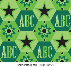 Abstract Hand Drawing Geometric Hexagon Shapes with ABC Flower Star Shapes Seamless Vector Pattern Isolated Background