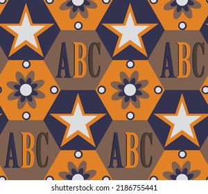 Abstract Hand Drawing Geometric Hexagon Shapes with ABC Flower Star Shapes Seamless Vector Pattern Isolated Background