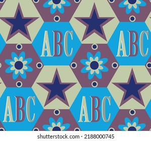 Abstract Hand Drawing Geometric Hexagon Shapes with ABC Flower Star Shapes Seamless Vector Pattern Isolated Background