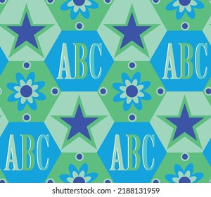 Abstract Hand Drawing Geometric Hexagon Shapes with ABC Flower Star Shapes Seamless Vector Pattern Isolated Background