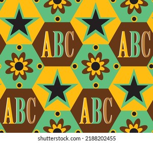 Abstract Hand Drawing Geometric Hexagon Shapes with ABC Flower Star Shapes Seamless Vector Pattern Isolated Background