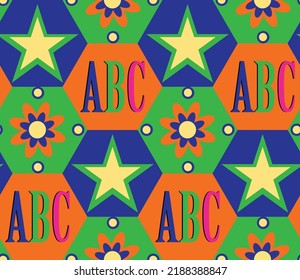 Abstract Hand Drawing Geometric Hexagon Shapes with ABC Flower Star Shapes Seamless Vector Pattern Isolated Background