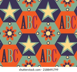 Resumen de formas de hexagón geométrico de dibujo a mano con formas de estrella de flor ABC Patrón vectorial sin problemas Fondo aislado