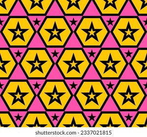 Abstract Hand Drawing Geometric Hexagon and Star Shapes Seamless Retro Vector Pattern Isolated Background