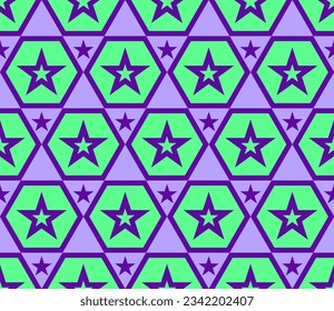 Abstract Hand Drawing Geometric Hexagon and Star Shapes Seamless Retro Vector Pattern Isolated Background