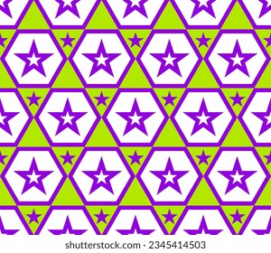 Abstract Hand Drawing Geometric Hexagon and Star Shapes Seamless Retro Vector Pattern Isolated Background