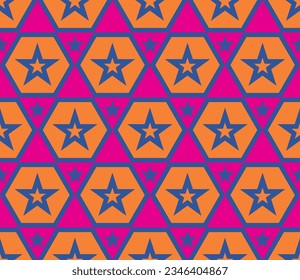 Abstract Hand Drawing Geometric Hexagon and Star Shapes Seamless Retro Vector Pattern Isolated Background
