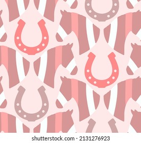 Abstract Hand Drawing Geometric Horse Heads and Horse Shoes Seamless Vector Pattern Isolated Background