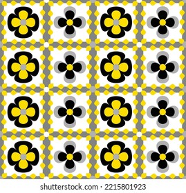 Abstract Hand Drawing Geometric Italian Tile Ceramic Floral Flower Checkered Seamless Vector Pattern Isolated Background 