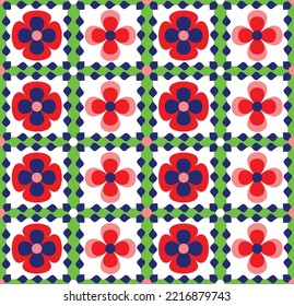 Abstract Hand Drawing Geometric Italian Tile Ceramic Floral Flower Checkered Seamless Vector Pattern Isolated Background 
