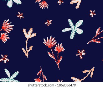 Abstract Hand Drawing Geometric Japanese Ditsy Flowers and Leaves Repeating Vector Pattern Isolated Background 