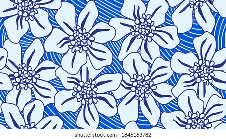Abstract Hand Drawing Geometric Large Flowers with Striped Background Seamless Vector Pattern