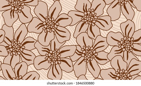 Abstract Hand Drawing Geometric Large Flowers with Striped Background Seamless Vector Pattern