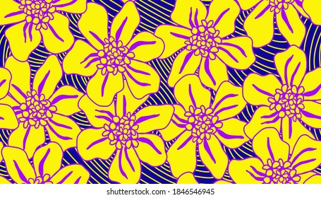 Abstract Hand Drawing Geometric Large Flowers with Striped Background Seamless Vector Pattern