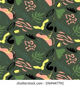 Abstract Hand Drawing Geometric Leaves and Mixed Animal Skins Repeating Vector Pattern Isolated Background  