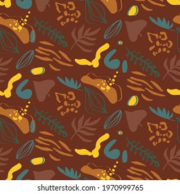 Abstract Hand Drawing Geometric Leaves and Mixed Animal Skins Repeating Vector Pattern Isolated Background  