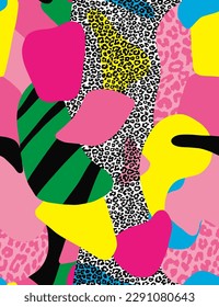 Abstract Hand Drawing Geometric Leopard Animal Skin Shapes Seamless Pop Art Patchwork Vector Pattern Isolated Background