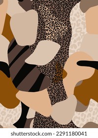 Abstract Hand Drawing Geometric Leopard Animal Skin Shapes Seamless Pop Art Patchwork Vector Pattern Isolated Background