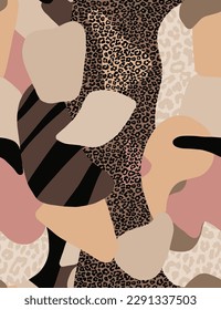 Abstract Hand Drawing Geometric Leopard Animal Skin Shapes Seamless Pop Art Patchwork Vector Pattern Isolated Background