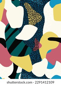 Abstract Hand Drawing Geometric Leopard Animal Skin Shapes Seamless Pop Art Patchwork Vector Pattern Isolated Background