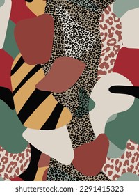 Abstract Hand Drawing Geometric Leopard Animal Skin Shapes Seamless Pop Art Patchwork Vector Pattern Isolated Background