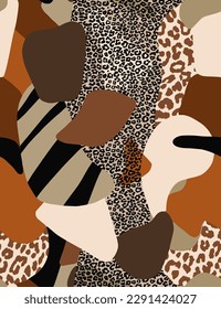 Abstract Hand Drawing Geometric Leopard Animal Skin Shapes Seamless Pop Art Patchwork Vector Pattern Isolated Background