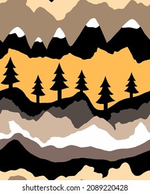 Abstract Hand Drawing Geometric Mountains Hills and Pine Trees Seamless Vector Pattern Isolated Background
