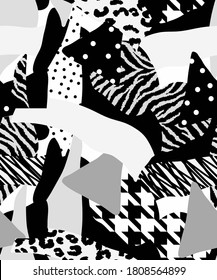 Abstract Hand Drawing Geometric Patchwork with Zebra Leopard Animal Skin Hounds Tooth Shapes Seamless Vector Pattern Colorful Background