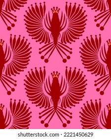 Abstract Hand Drawing Geometric Peacock Birds with Crowns Seamless Vector Pattern Isolated Background