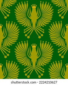 Abstract Hand Drawing Geometric Peacock Birds with Crowns Seamless Vector Pattern Isolated Background