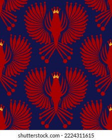 Abstract Hand Drawing Geometric Peacock Birds with Crowns Seamless Vector Pattern Isolated Background