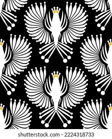 Abstract Hand Drawing Geometric Peacock Birds with Crowns Seamless Vector Pattern Isolated Background