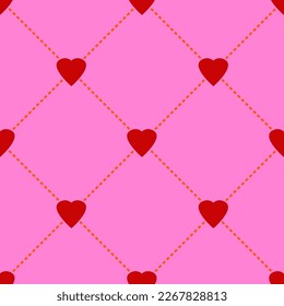 Abstract Hand Drawing Geometric Plaid Checkered Tartan Cross Lines with Red Hearts Seamless Vector Pattern Isolated Background