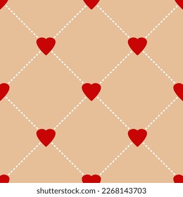 Abstract Hand Drawing Geometric Plaid Checkered Tartan Cross Lines with Red Hearts Seamless Vector Pattern Isolated Background