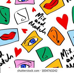 Abstract Hand Drawing Geometric Puzzle Mix and Match Concept Eyes Lips Ears Noses and Hearts Repeating Vector Pattern Isolated Background