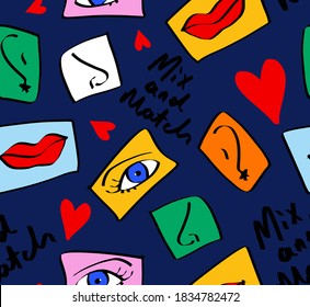 Abstract Hand Drawing Geometric Puzzle Mix and Match Concept Eyes Lips Ears Noses and Hearts Repeating Vector Pattern Isolated Background