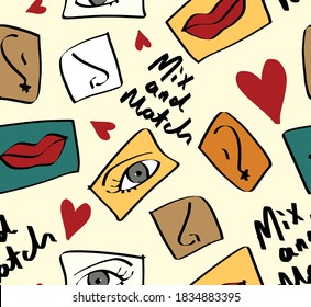 Abstract Hand Drawing Geometric Puzzle Mix and Match Concept Eyes Lips Ears Noses and Hearts Repeating Vector Pattern Isolated Background