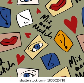 Abstract Hand Drawing Geometric Puzzle Mix and Match Concept Eyes Lips Ears Noses and Hearts Repeating Vector Pattern Isolated Background