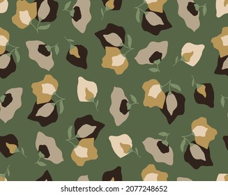 Abstract Hand Drawing Geometric Retro Flowers and Leaves Seamless Vector Pattern Isolated Background