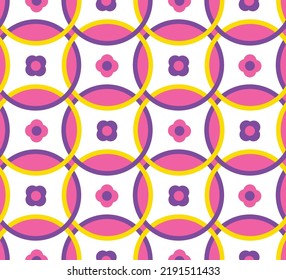 Abstract Hand Drawing Geometric Retro Circles with Flowers Seamless Vector Pattern Isolated Background 