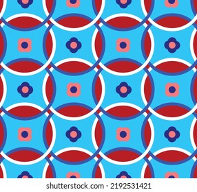 Abstract Hand Drawing Geometric Retro Circles with Flowers Seamless Vector Pattern Isolated Background 
