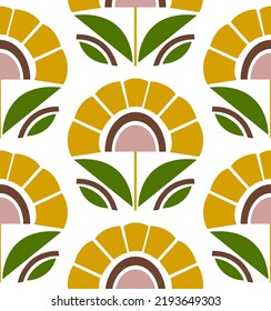 Abstract Hand Drawing Geometric Retro Tile Flowers and Leaves Seamless Vector Pattern Isolated Background