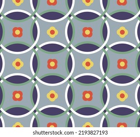 Abstract Hand Drawing Geometric Retro Circles with Flowers Seamless Vector Pattern Isolated Background 
