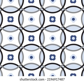 Abstract Hand Drawing Geometric Retro Circles with Flowers Seamless Vector Pattern Isolated Background 