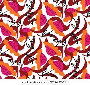 Abstract Hand Drawing Geometric Retro Daisy Flowers Leaves and Swirls Seamless Vector Pattern Isolated Background
