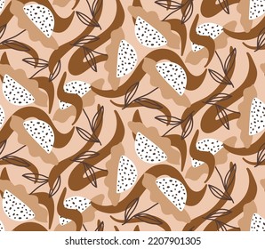 Abstract Hand Drawing Geometric Retro Daisy Flowers Leaves and Swirls Seamless Vector Pattern Isolated Background