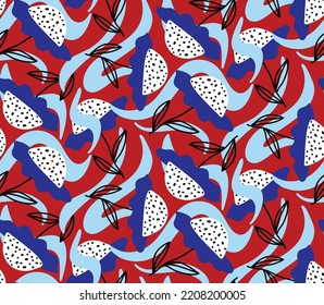 Abstract Hand Drawing Geometric Retro Daisy Flowers Leaves and Swirls Seamless Vector Pattern Isolated Background