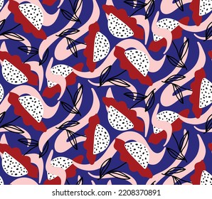 Abstract Hand Drawing Geometric Retro Daisy Flowers Leaves and Swirls Seamless Vector Pattern Isolated Background