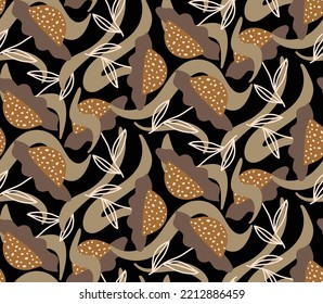 Abstracto Plano Geométrico Retro Flores de margarita Hojas y Swirls Patrón Vector sin Marea Fondo Aislado